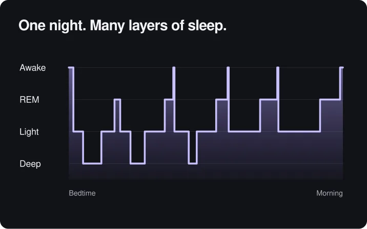 One night of sleep moving between awake, REM, light and deep stages