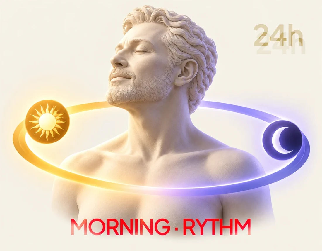 A classical bust circled by a sun and moon orbit: Morning Rythm, 24h