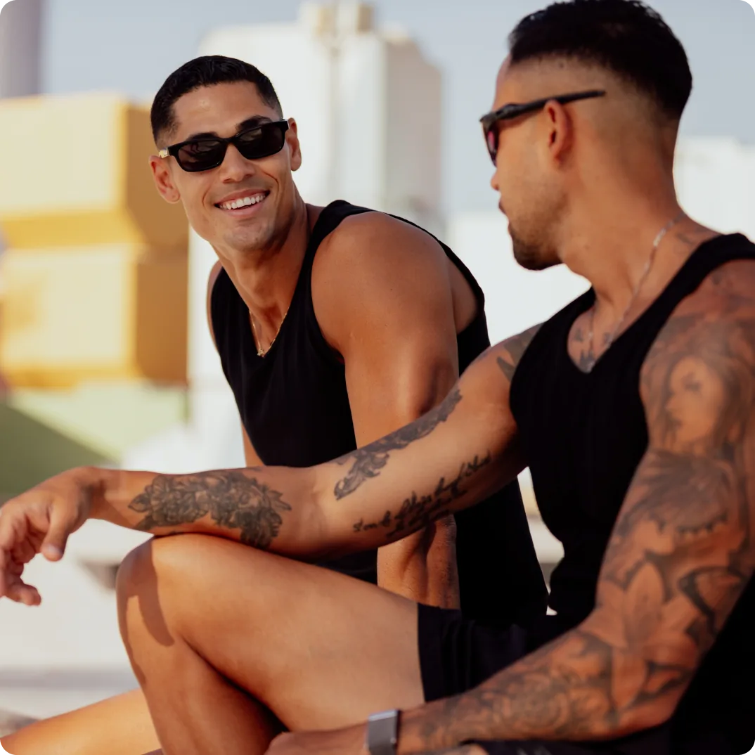 Two friends talking after a workout