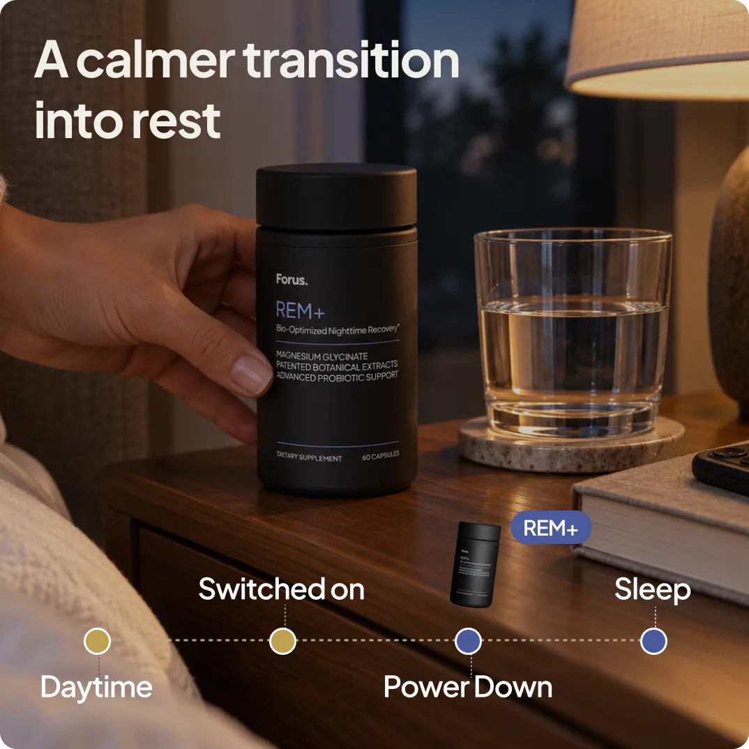 A calmer transition into rest: REM+ on a bedside table