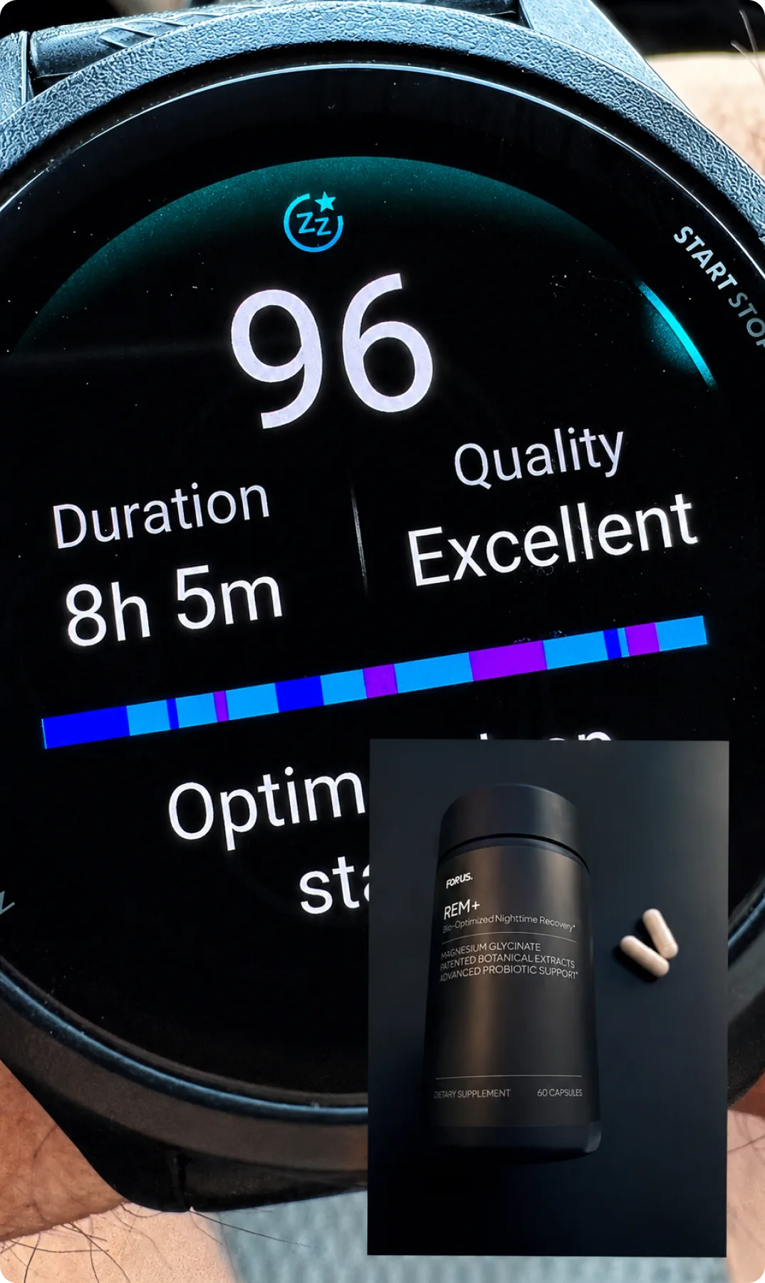 A sleep score of 96 on a smartwatch, next to REM+
