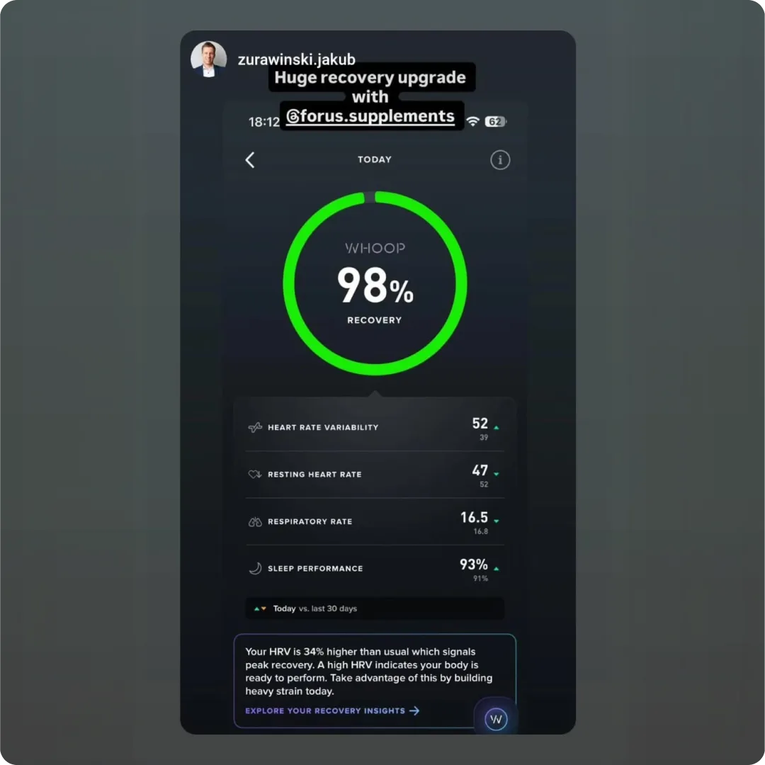 A WHOOP recovery score of 98% shared by a REM+ customer